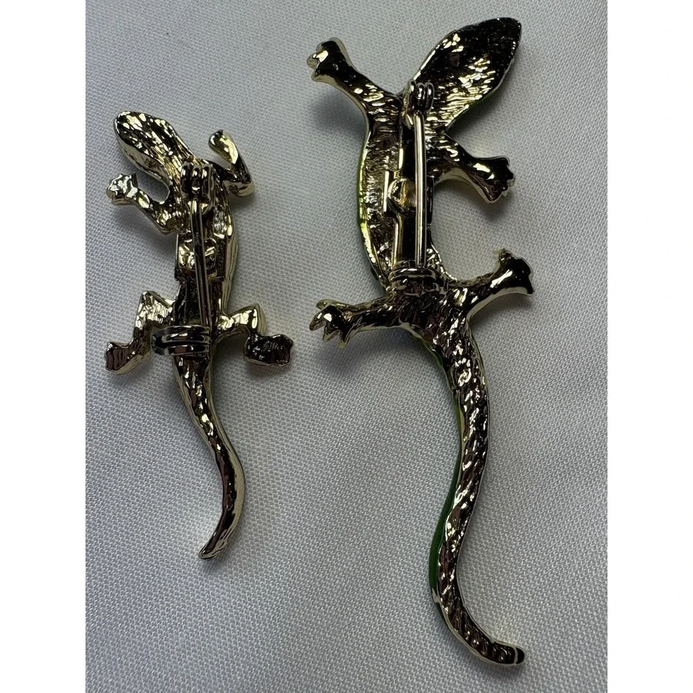 Vintage 80s Green Enamel Lizard Gecko Brooch Pin Set 2pc Mother Baby Reptile